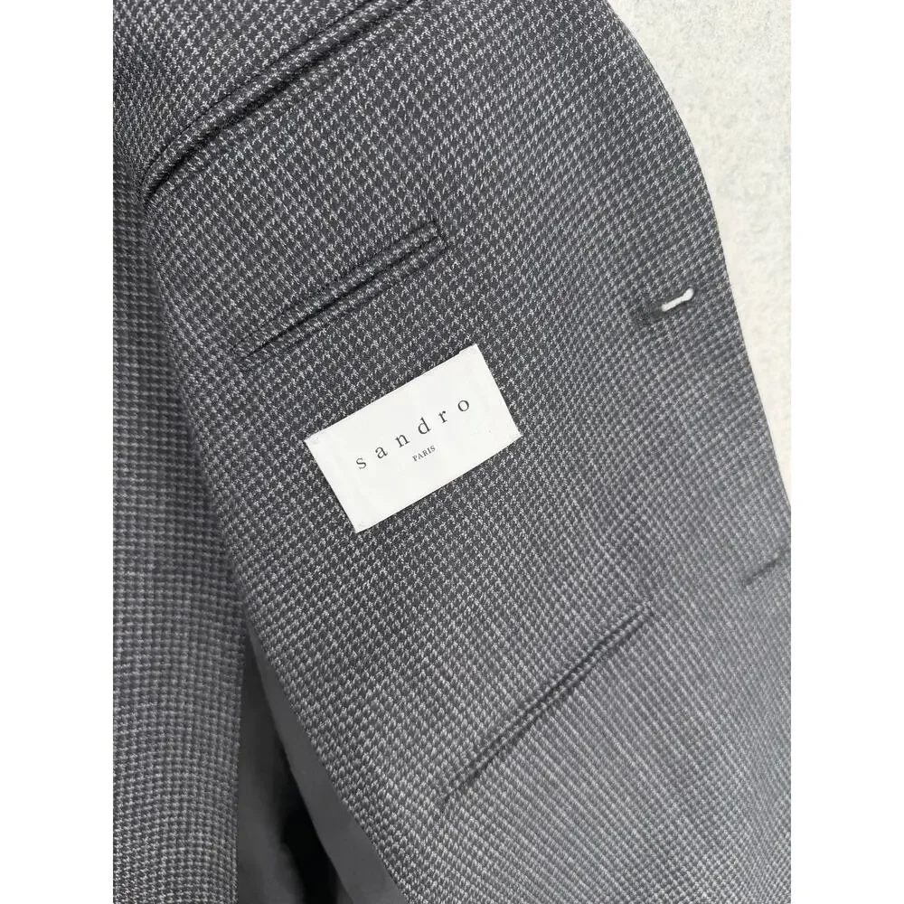 Sandro Paris Houndstooth Gray/Black Wool Two-Button Blazer Size US LARGE (50 FR)